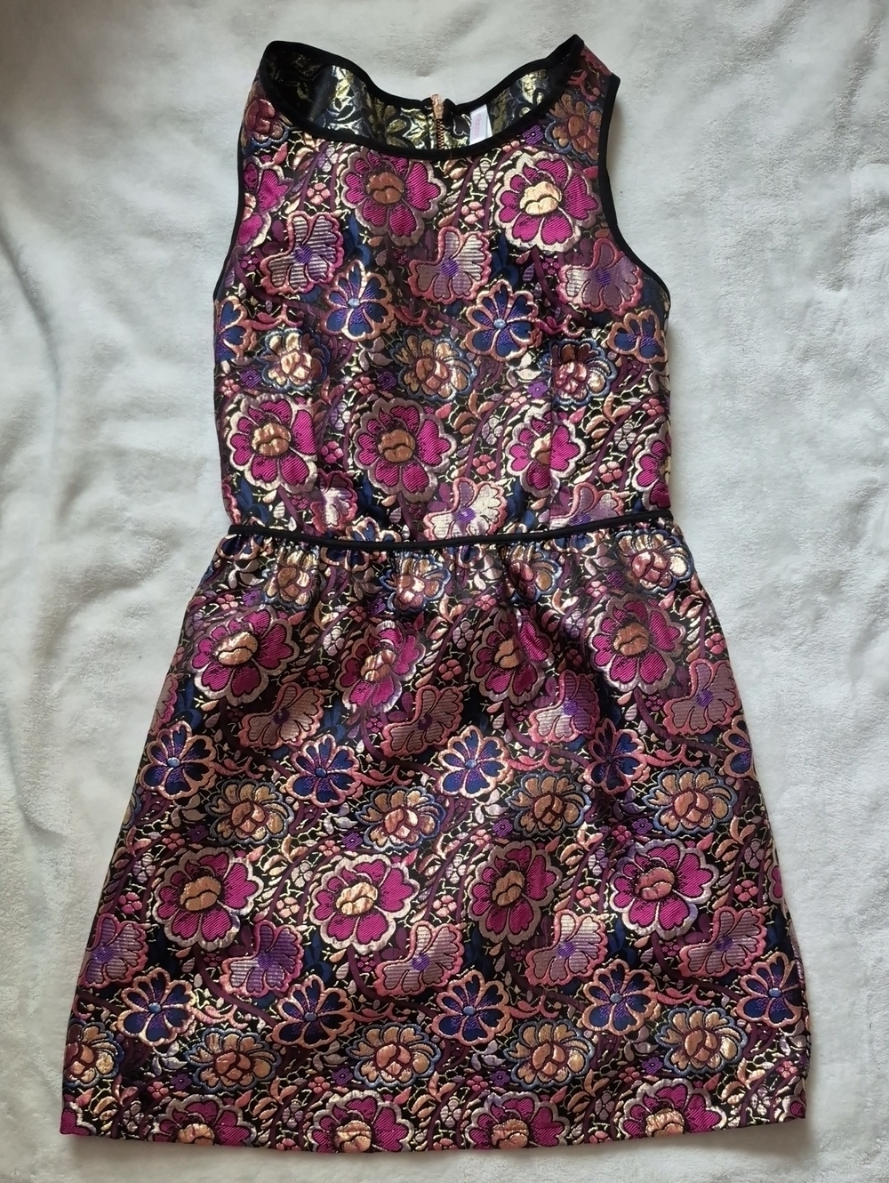 Xhilaration Pink Metallic Floral Brocade Midi Dress with Navy Accents